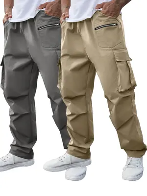 【Plus Size】 Men's Solid Pocket Drawstring Waist Cargo Pants, Regular Fit Casual Zipper Design Trousers for Daily Wear, Me...