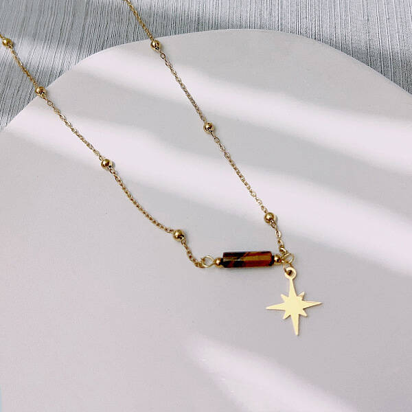 Natural Jasper & Stainless Steel Star Pendant Ball Chain Necklaces for Women