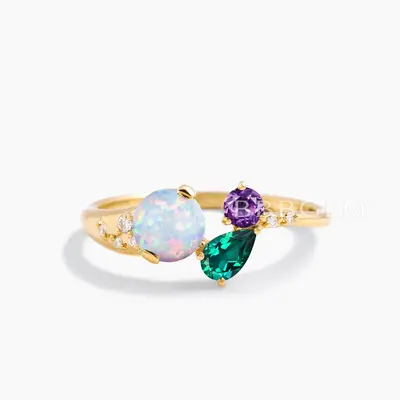 Round Cut White Opal Ring Emerald Amethyst Cluster Diamond Engagement Ring