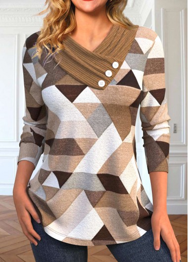 Modlily Light Coffee Asymmetry Geometric Print T Shirt - XXL