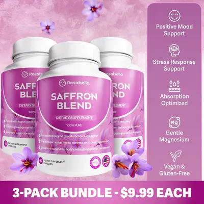 Rosabella 3-Pack Saffron Blend - For Positive Mood & Stress Support - Vegan Gluten-Free with Gentle Magnesium - $9.99 Each