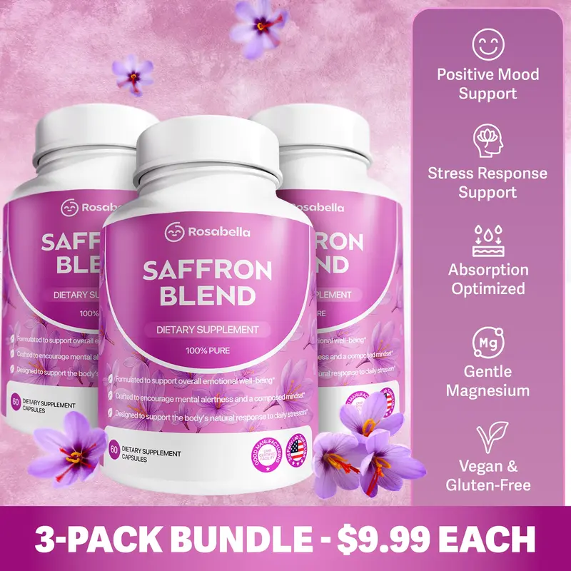 Rosabella 3-Pack Saffron Blend - For Positive Mood & Stress Support - Vegan Gluten-Free with Gentle Magnesium - $9.99 Each