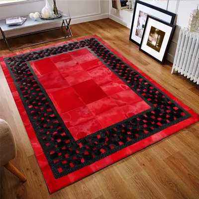 Red Cowhide Rug with Black Checkered Border