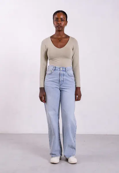 Organic Cotton V-Neck Long Sleeve T-Shirt, Sage Grey | Size: S