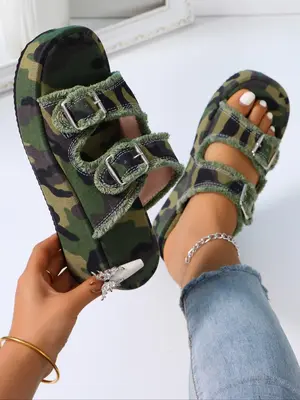 Women's Camouflage Print Platform Wedge Sandals, Elevated Double Strap Sandals, Casual Comfortable Slide for Beach, Luxury De...