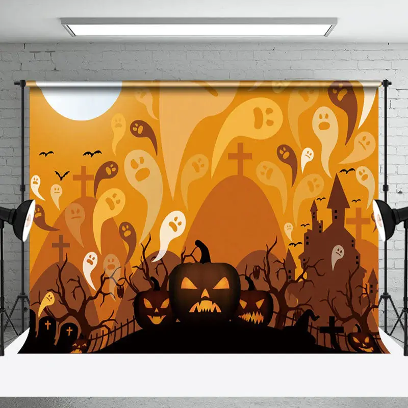 Aperturee Ghostly Cemetery Pumpkins Haunted Halloween Backdrop - Aperturee