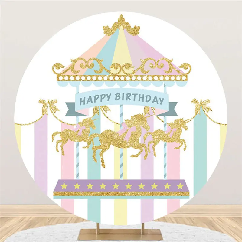 Aperturee Round Circus Carousel Happy Birthday Backdrop For Kid | Name Backdrop For Birthday | Cake Smash Backdrop | Birthday...