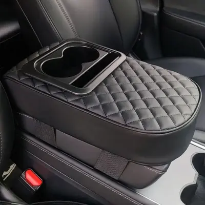 Car Armrest Box Heightening Pad with Storage Box Cup Holder, PU Leather Car Armrest Box Cushion, Auto Interior Accessories, C...