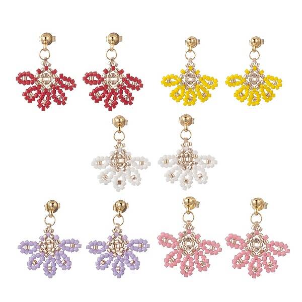 Glass Seed Braided Flower Dangle Stud Earrings