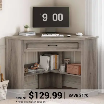 SEDETA ® 31.5 Inch Farmhouse Corner Desk Multifunctional Computer Table Triangle Space Saving for Home Office Grey Home Offi...