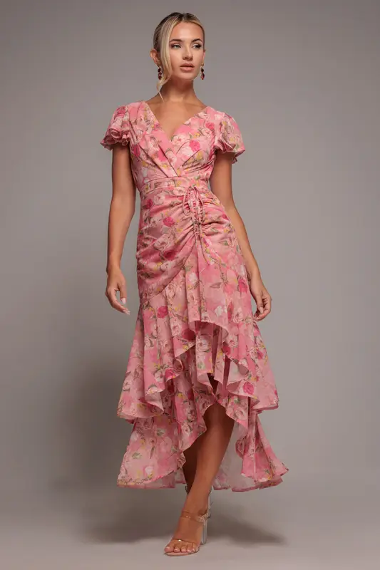 Goddiva Floral Wrap High And Low Midaxi Dress - Pink