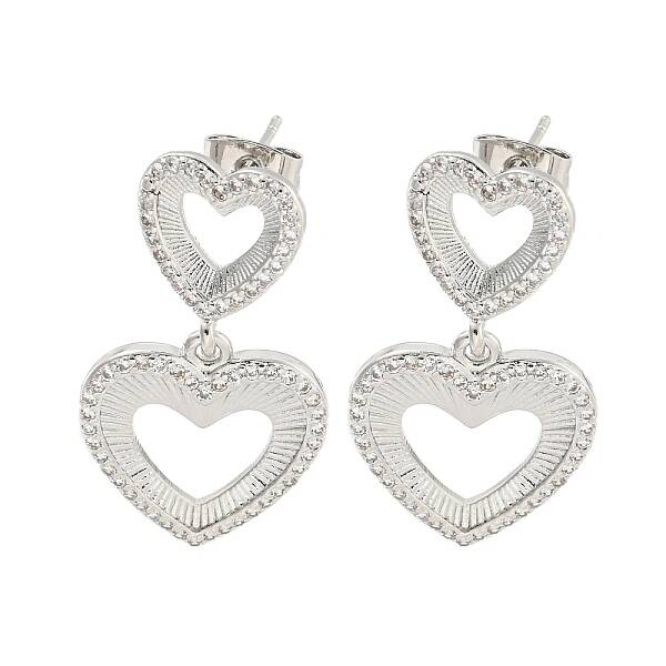Hollow Heart Brass Pave Clear Cubic Zirconia Dangle Stud Earrings