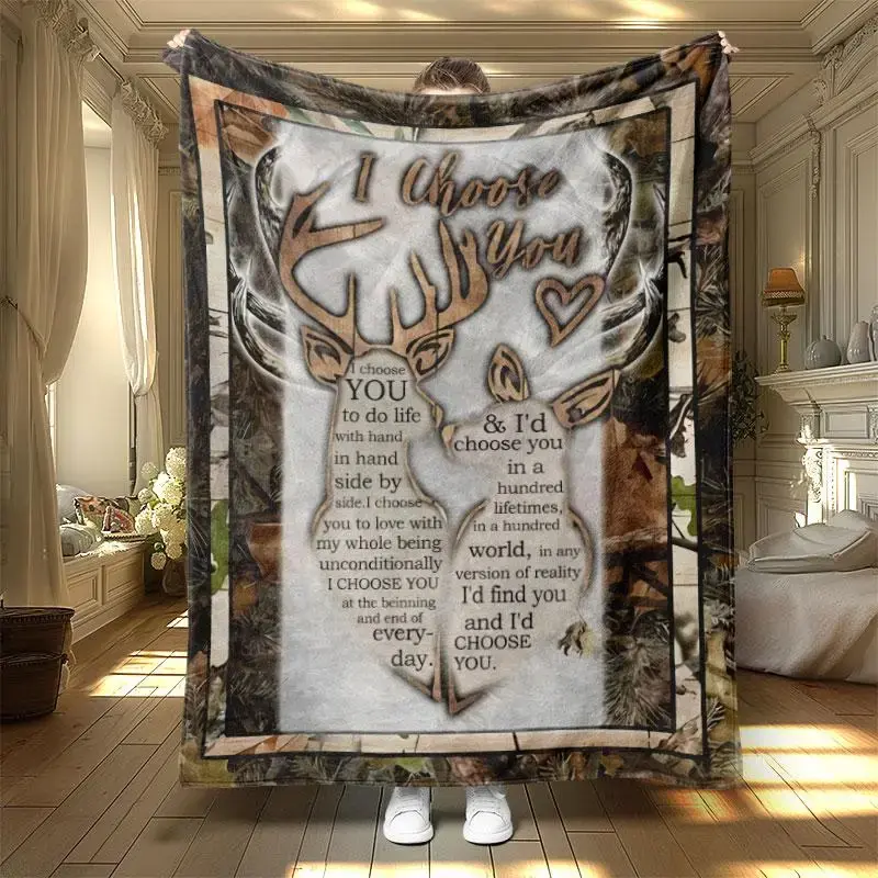 Letter & Deer Pattern  Blanket, 1 Count Colorful Soft Warm Nap Throw Blanket, Air-conditioned Room Blanket for Home Dormitory...