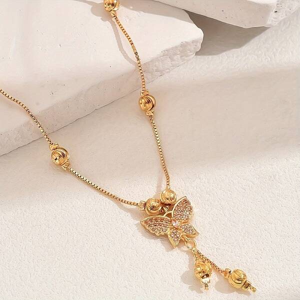 Fashionable Brass Pave Cubic Zirconia Butterfly Pendant Necklaces