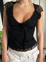 Women's Plain Bow Decor Lace V Neck Tee, Casual Cap Sleeve T-shirt for Fall, T Shirts for Women, Women's T Shirts, Fall Outfi...