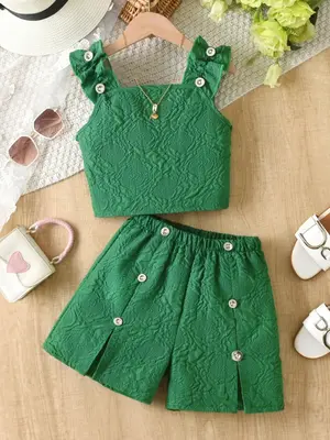 Two-Piece Set Girl's Off Shoulder Crop Top & Lace Trim Shorts, Casual Fashion Top & Shorts for Daily Outdoor Wear, Kids Cloth...