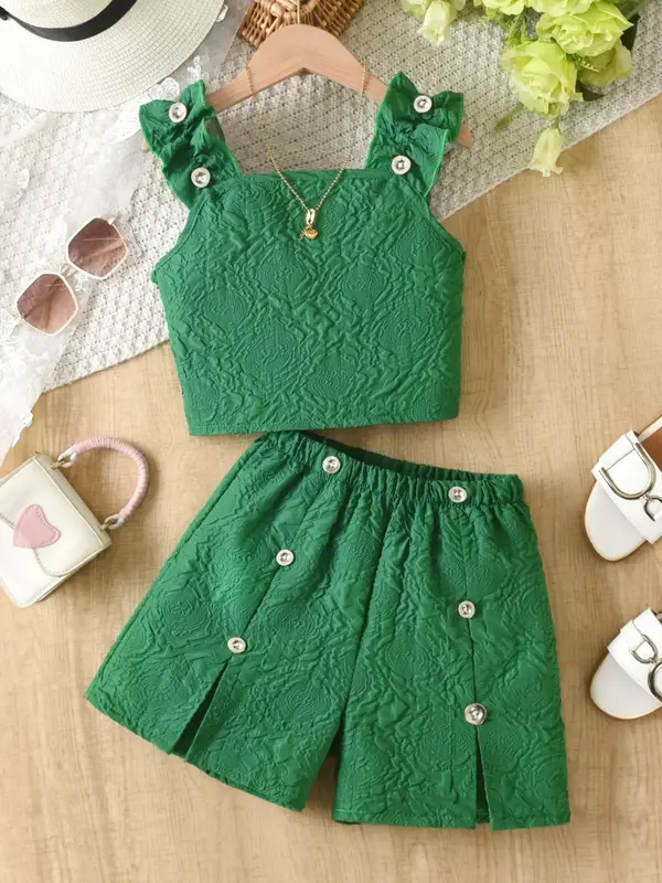 Two-Piece Set Girl's Off Shoulder Crop Top & Lace Trim Shorts, Casual Fashion Top & Shorts for Daily Outdoor Wear, Kids Cloth...