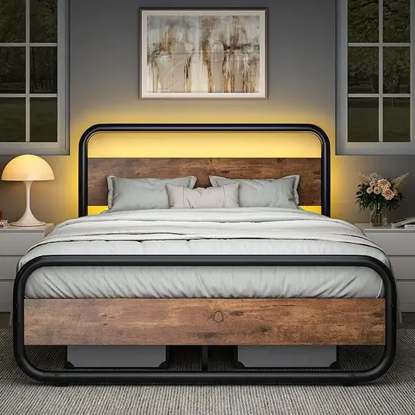 HOMBCK Bed Frame with LED Light Headboard, Mattress not included, Rustic LED Metal Platform Bed, No Box Spring Needed