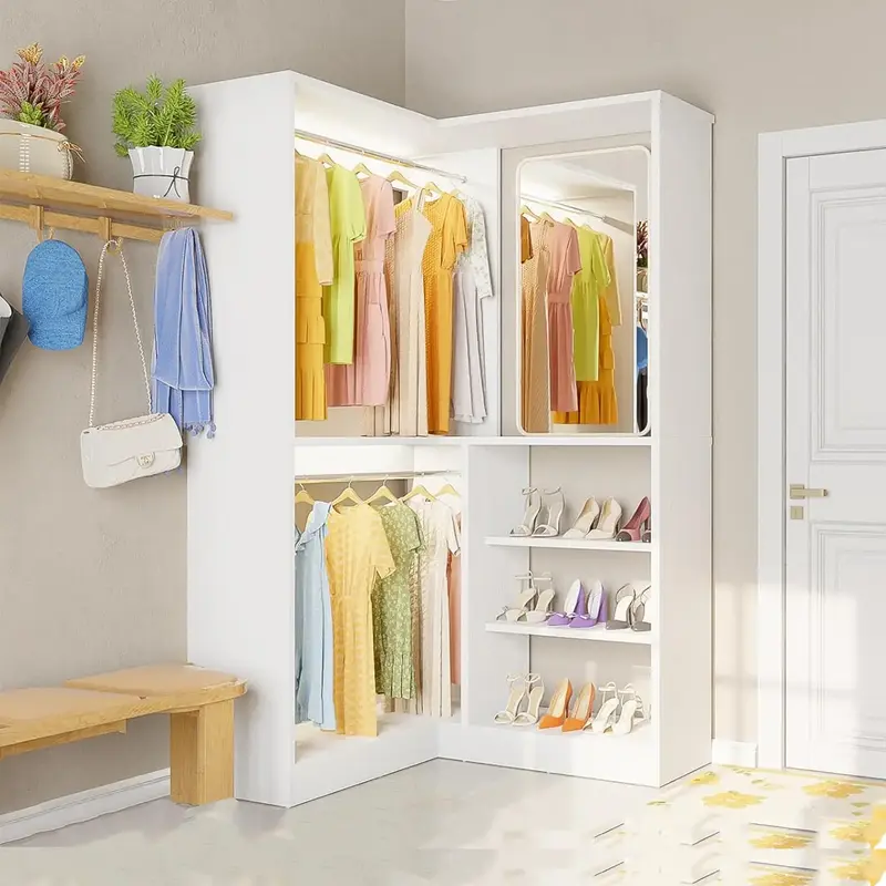 Freestanding Versatile Corner Closet System,Walk in Closet Organizer System with 2 Hanging Rods ＆ Storage Shelves,Clothes R...