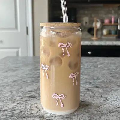 Coquette Bow Glass Cups with Reusable Straw and Lid