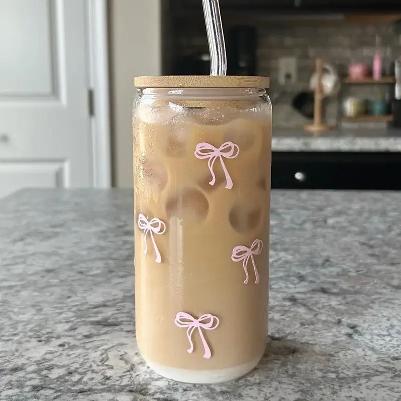 Coquette Bow Glass Cups with Reusable Straw and Lid