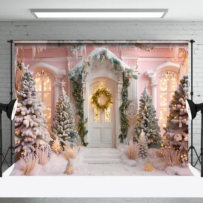Luxury White House Snow Scene Christmas Backdrop