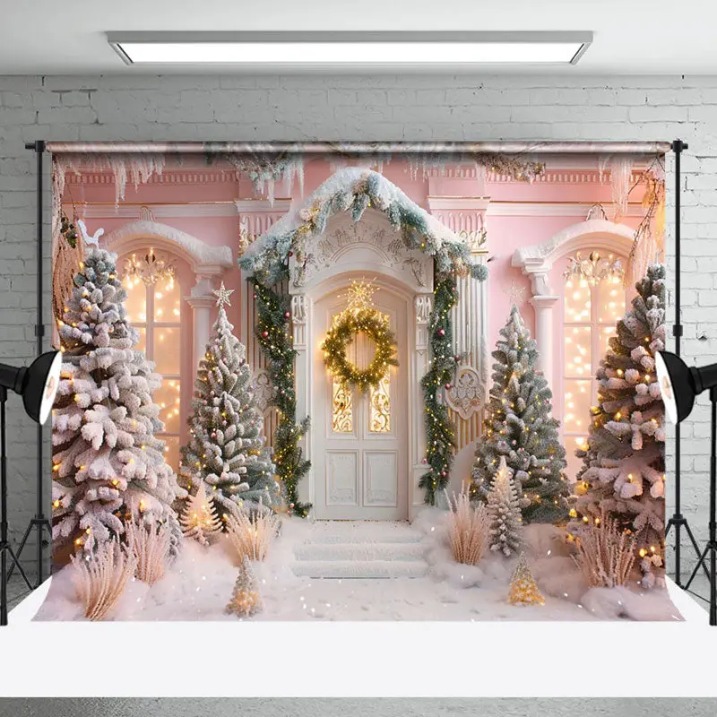 Luxury White House Snow Scene Christmas Backdrop