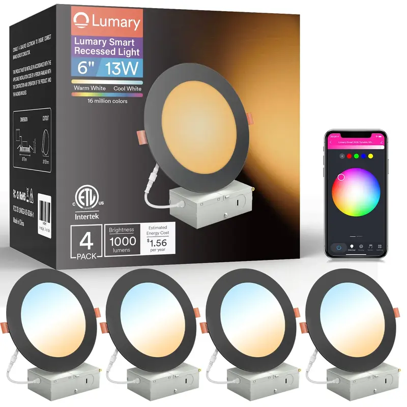 Lumary Wi-Fi Smart Canless Recessed Lighting 6 inch 4 PCS, Black