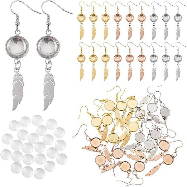 DIY Blank Dome & Feater Shape Stainless Steel Dangle Earring Making Kit