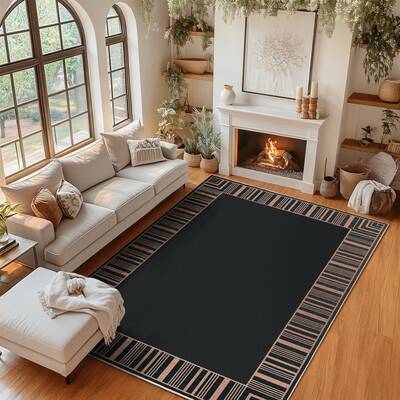 Garvee Washable Striped Edge Area Rug – Low Pile, Non-Slip Carpet – Mark Resistant, Durable, Modern Design – For Living...