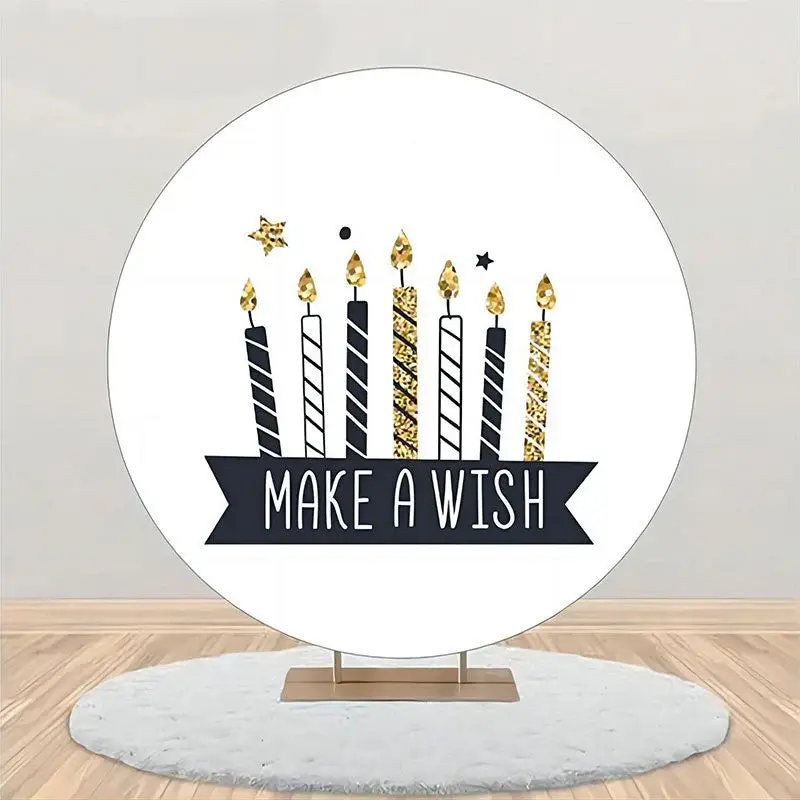 Make A Wish Black Candles Round Birthday Backdrop - Aperturee