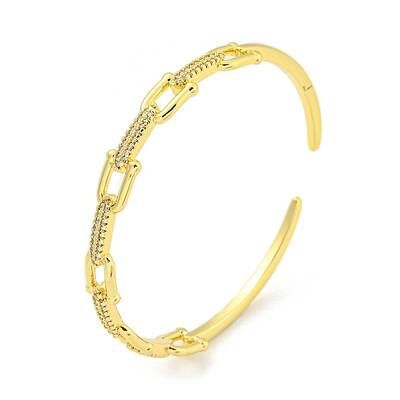 Horseshoe Brass Micro Pave Clear Cubic Zirconia Open Cuff Bangles for Women