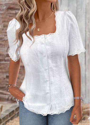 Modlily White Short Sleeve Square Neck Blouse - XXL
