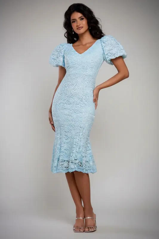 Goddiva Scallop Lace Puff Sleeve Fit & Flare Midi Dress - Sky Blue