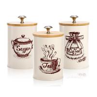 Coffee Tea Sugar Storage Tank, 3 Counts Vintage Cartoon Printed Pattern Food Storage Container with Bamboo Lid, Food Storage ...