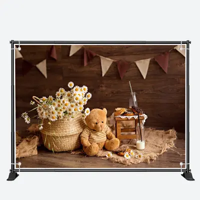 Brown Teddy Bear Flowers Wood Birthday Backdrop - Aperturee