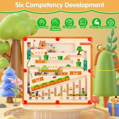 Magnetic Color and Number Maze – Montessori Wooden Puzzle Toy for Kids – Educational Travel Game & Toddler Gift for Outdo...