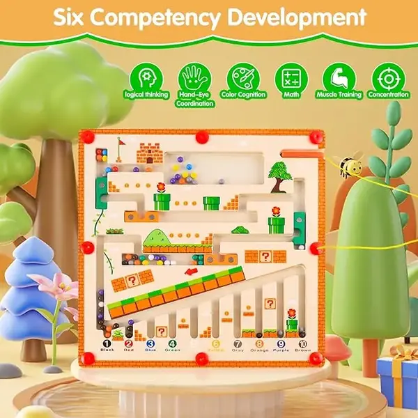 Magnetic Color and Number Maze – Montessori Wooden Puzzle Toy for Kids – Educational Travel Game & Toddler Gift for Outdo...