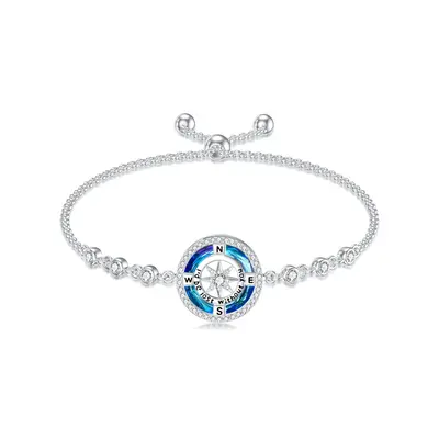 Sterling Silver Circular Shaped Crystal & Cubic Zirconia Compass Charm Bracelet with Engraved Word