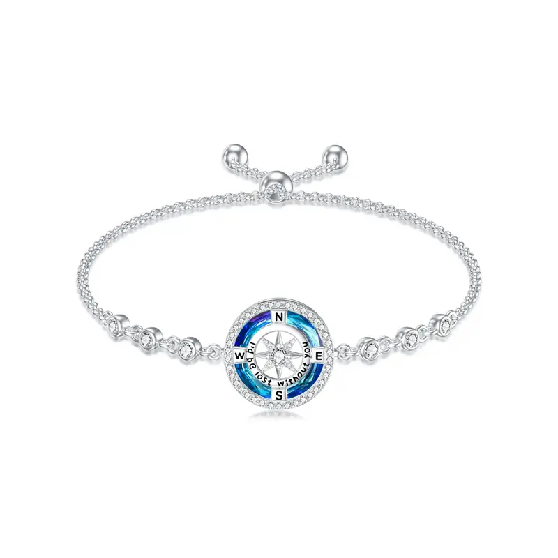 Sterling Silver Circular Shaped Crystal & Cubic Zirconia Compass Charm Bracelet with Engraved Word