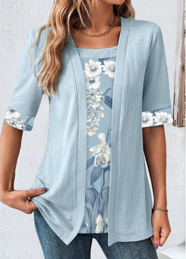 Modlily Light Blue Floral Print Fake Two Piece Twinset - XL