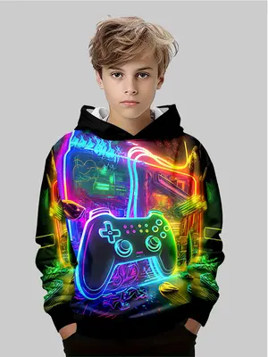 Boys' Game Controller Print Hoodie, Colorful Style, Perfect for Gaming Parties, Comfortable Fit, Ideal Gift for Kids