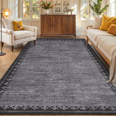 Garvee Washable Gray Bordered Area Rug for Living Room, Bedroom, Dining Room, Office – Non-Slip, Low Pile, Spot Resistant, ...