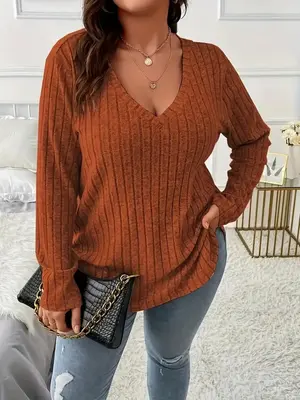 Plus Size Solid Long Sleeve Tee, Casual Comfy V Neck Top for Fall Daily Outdoor Wear, Women Plus Clothing for Fall, Womenswea...