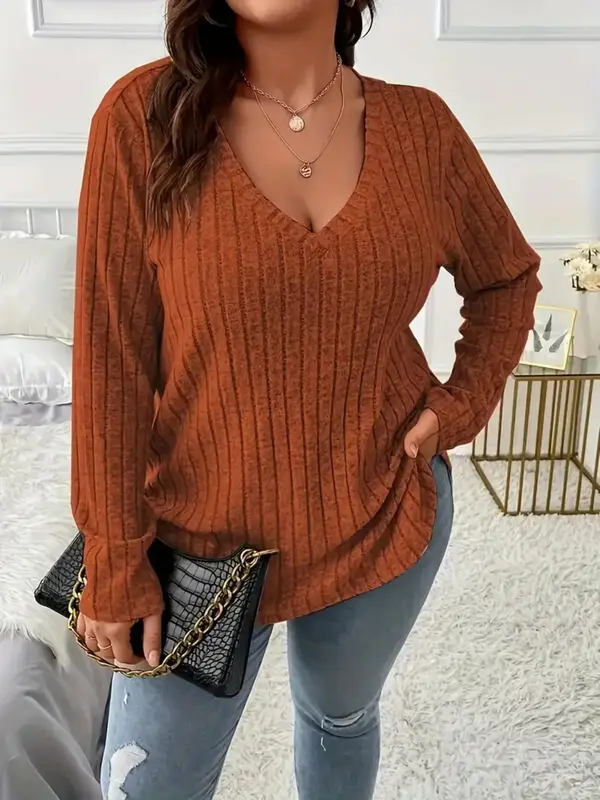 Plus Size Solid Long Sleeve Tee, Casual Comfy V Neck Top for Fall Daily Outdoor Wear, Women Plus Clothing for Fall, Womenswea...