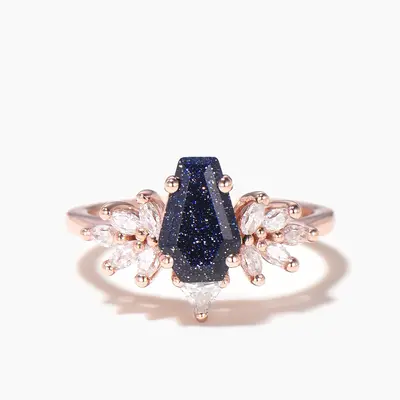 Coffin Cut Blue Sandstone Engagement Ring Marquise Moissanite Cluster Ring