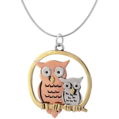 Mama & Baby Owl Sterling & Copper Necklace - with Diamond Cut Chain