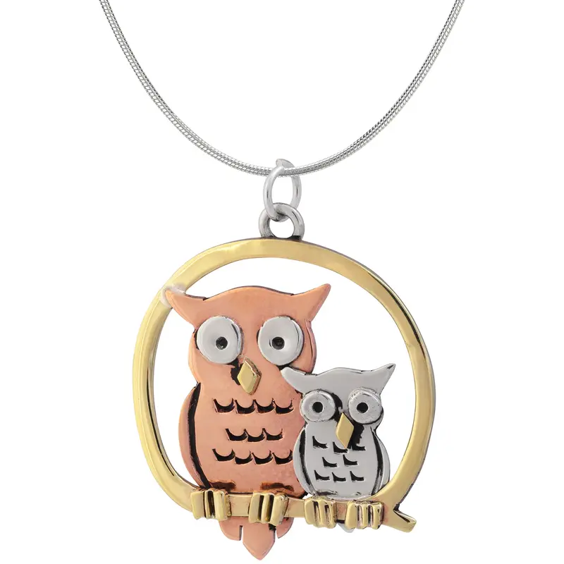 Mama & Baby Owl Sterling & Copper Necklace - with Diamond Cut Chain
