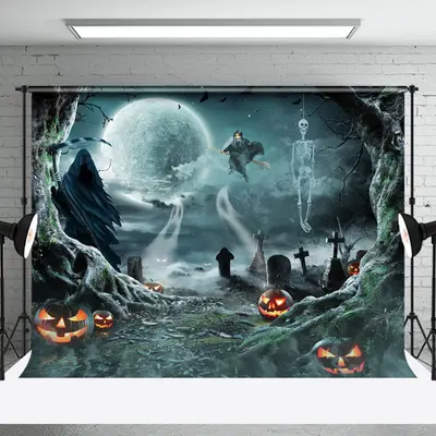 Scary Witch Moon Skeleton Forest Happy Halloween Backdrop