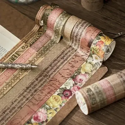 Vintage Washi Tape Set, 8pcs/set Random Color Retro Decorative Sticker, Scrapbooking Tape For DIY Scrapbook Craft